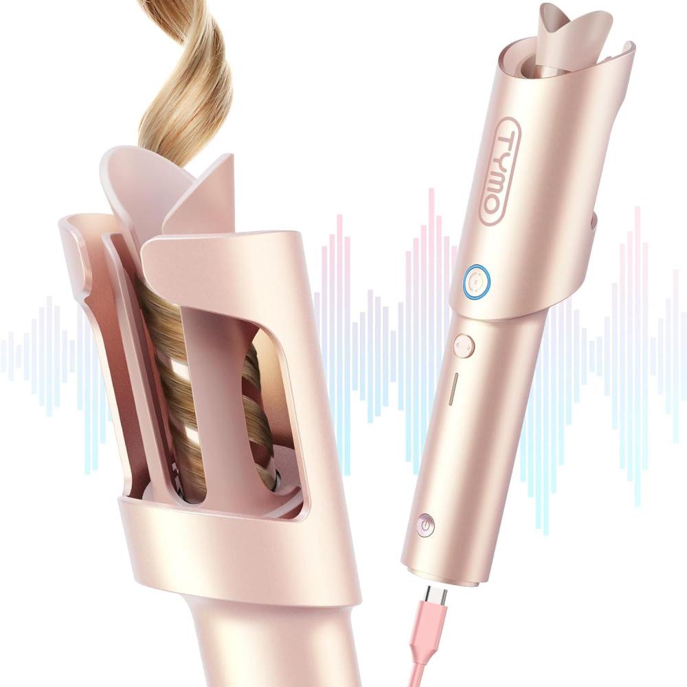 image:imageTYMO Cordless Automatic Curling Iron  TYMO CurlGo 1 Inch Beach Waves Rotating Curling Wand Portable Hair Curlers for Travel Dual Voltage amp Rechargeable Curler for Women TangleFree Gold BlushGold Blush
