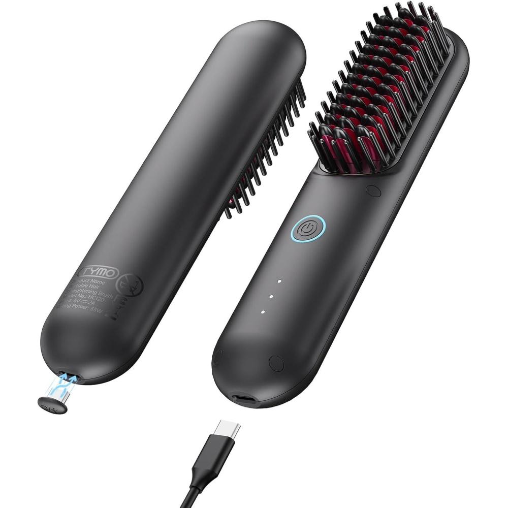 image:imageTYMO Cordless Hair Straightener Brush Porta ECO Portable Straightening Brush for Travel Mini Hot Straightening Comb for Women Ceramic Coating Lightweight for Touchups AntiScald Black