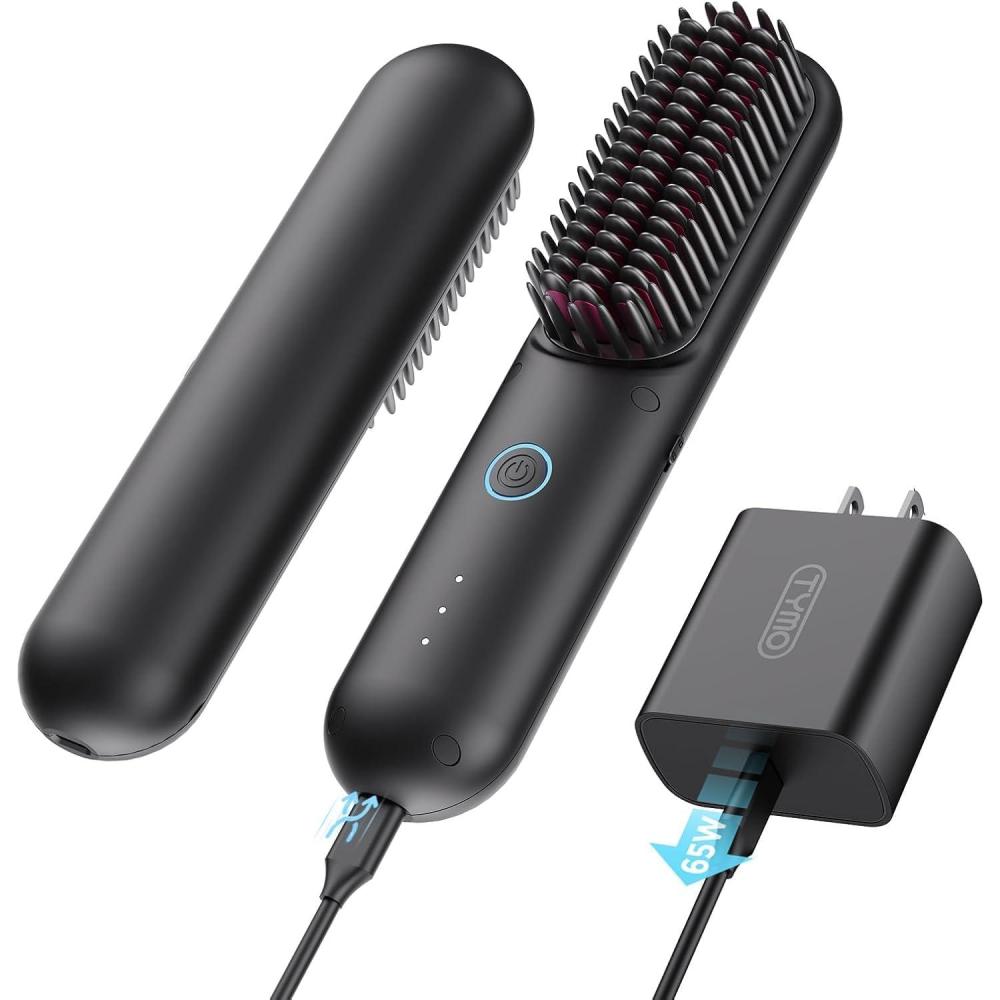 image:imageTYMO Cordless Hair Straightener Brush Porta PRO Portable Straightening Brush for Travel Mini Ionic Hot Comb Straightener for Women Lightweight onThego Cordless amp Fast Charger Dual Power Black
