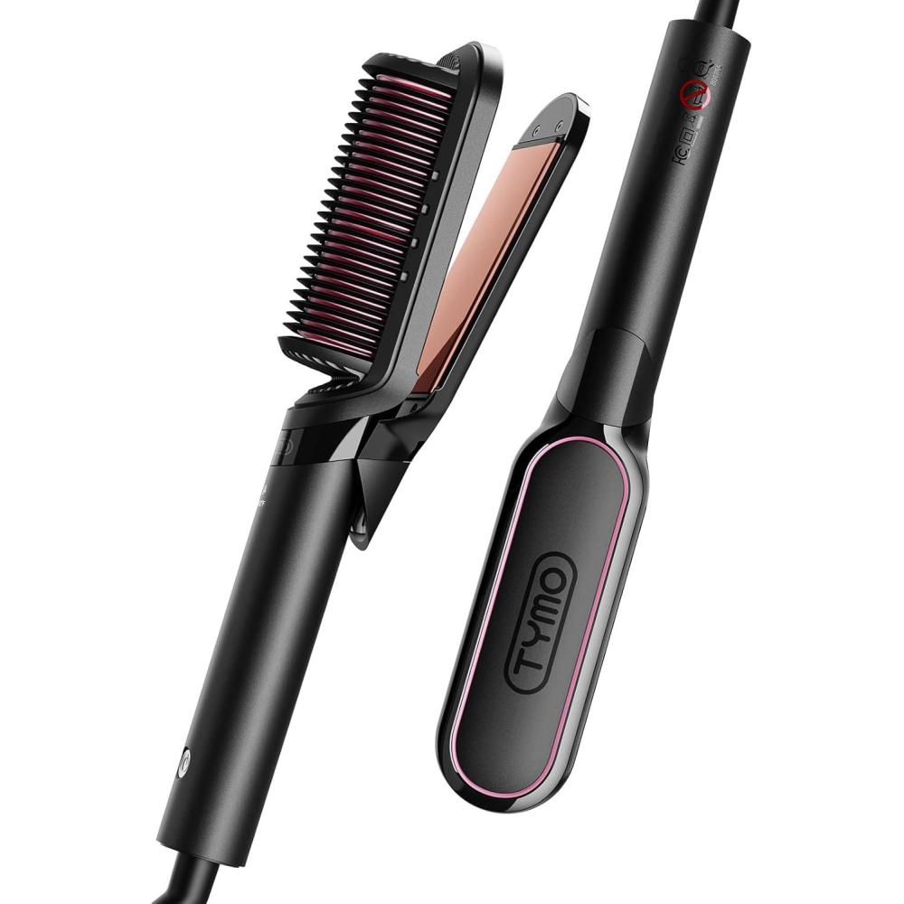 image:imageTYMO Flat Iron Hair Straightener Brush 2 in 1 200M Ions Hair Straighteners for Women Ceramic Dual Voltage Straightening Hot Comb for AntiFrizz Straights Waves Curl 3X Less Heat Damage BlackRose Gold