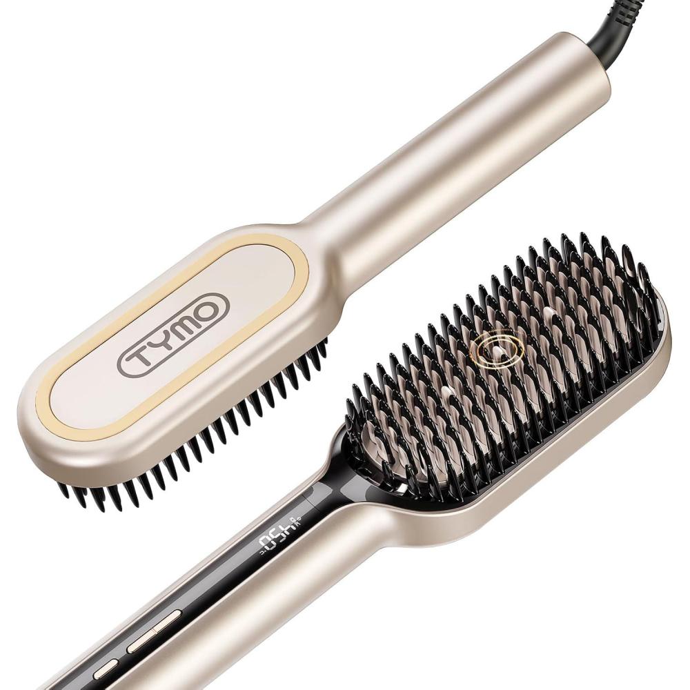 image:imageTYMO Hair Straightener Brush Upgraded Ionic Plus Straightening Brush with Dense Bristles 16 Temps Dual Voltage Ceramic Hot Comb for Women Flat Iron for Thick Curly Hair BlackGold