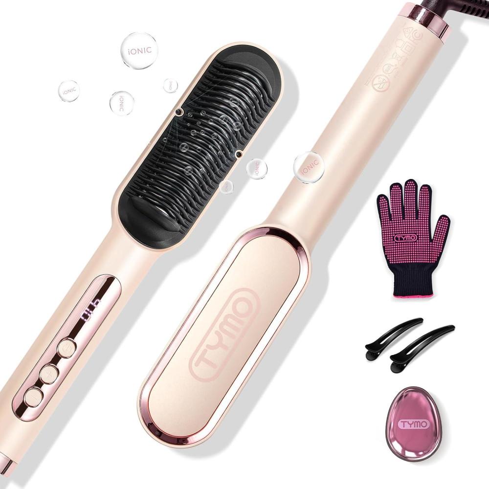 image:imageTYMO Ring Plus Ionic Hair Straightener Brush Straightening Comb with Negative Ions for Women Titanium Coating 9 Temp Settings amp LED Display Dual Voltage Professional Styling Tools Gold BlushGold Blush