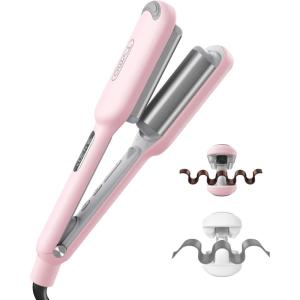 Curling Iron Hair Crimper Waver – TYMO ROVY Beach Waves Curling Wand, Ionic Deep Waver Hair Curler Tool with Ceramic 3 Barrel for Women, Dual Voltage, Anti-Scald, Easy to Use, Pink, 1.25 Inch(Pink)