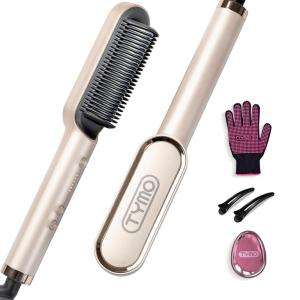Hair Straightener Brush, TYMO Ring Hair Straightener Comb Straightening Brush for Women with 5 Temps 20s Fast Heating & Dual Voltage, Black(Elegant Gold)