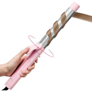 Rotating Automatic Curling Iron for Beach Waves – TYMO Curling Wand for Long Hair, Extra Long Barrel Ceramic Hair Curler for Women, 40M Ionic & Dual Voltage, 5 Temps & 30s Heat-up, 1.25 Inch, Pink(Pink)