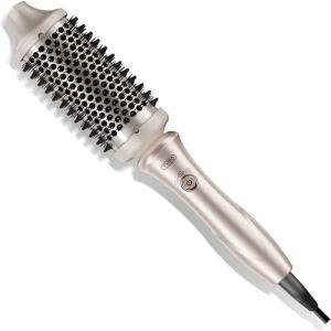 TYMO 2.0 Thermal Brush Curling Brush – STYLUX 1.7″ Blowout Volumizer with Flexi-Fit for Hair Straightening, Heated Round Styler Tool, Hair Straightener and Curler 2 in 1, Dual Voltage & Light, Gold