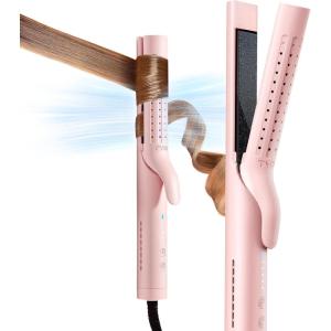TYMO Airflow Curling Iron for Lasting Curls – Flat Iron Hair Straightener and Curler 2 in 1, Anti-Scald Ionic Curling Wand 1.25 Inch, 360° Cool Air, 5 Temps & Dual Voltage for Long Short Hair, Pink