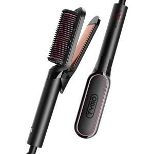 TYMO Flat Iron Hair Straightener Brush 2 in 1, 200M Ions Hair Straighteners for Women, Ceramic Dual Voltage Straightening Hot Comb for Anti-Frizz Straights, Waves, Curl, 3X Less Heat Damage, Black(Rose Gold)