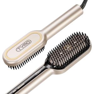 TYMO Hair Straightener Brush – Upgraded Ionic Plus Straightening Brush with Dense Bristles, 16 Temps, Dual Voltage | Ceramic Hot Comb for Women | Flat Iron for Thick Curly Hair, Black(Gold)