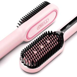 TYMO Hair Straightener Brush – Upgraded Ionic Plus Straightening Brush with Dense Bristles, 16 Temps, Dual Voltage | Ceramic Hot Comb for Women | Flat Iron for Thick Curly Hair, Black(Pink)