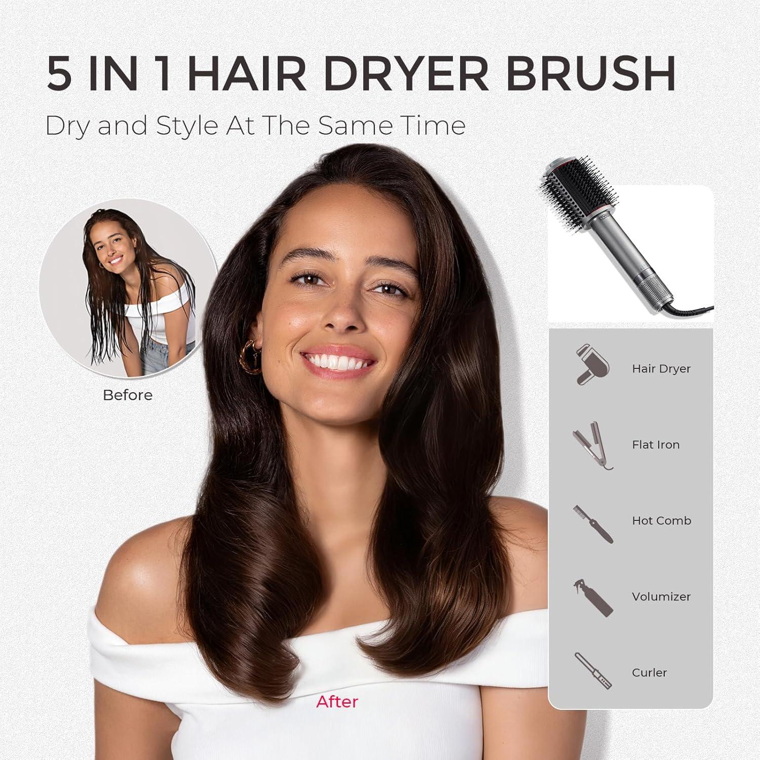 image:imageTYMO 40 Hair Blow Dryer Brush Lightweight 3X Faster Drying 5in1 Ionic Blowout Hair Dryer Brush Adds Shine Volume amp Fullness for Smooth AntiFrizz Straight Curl amp Blowout Styles GoldMetal Grey