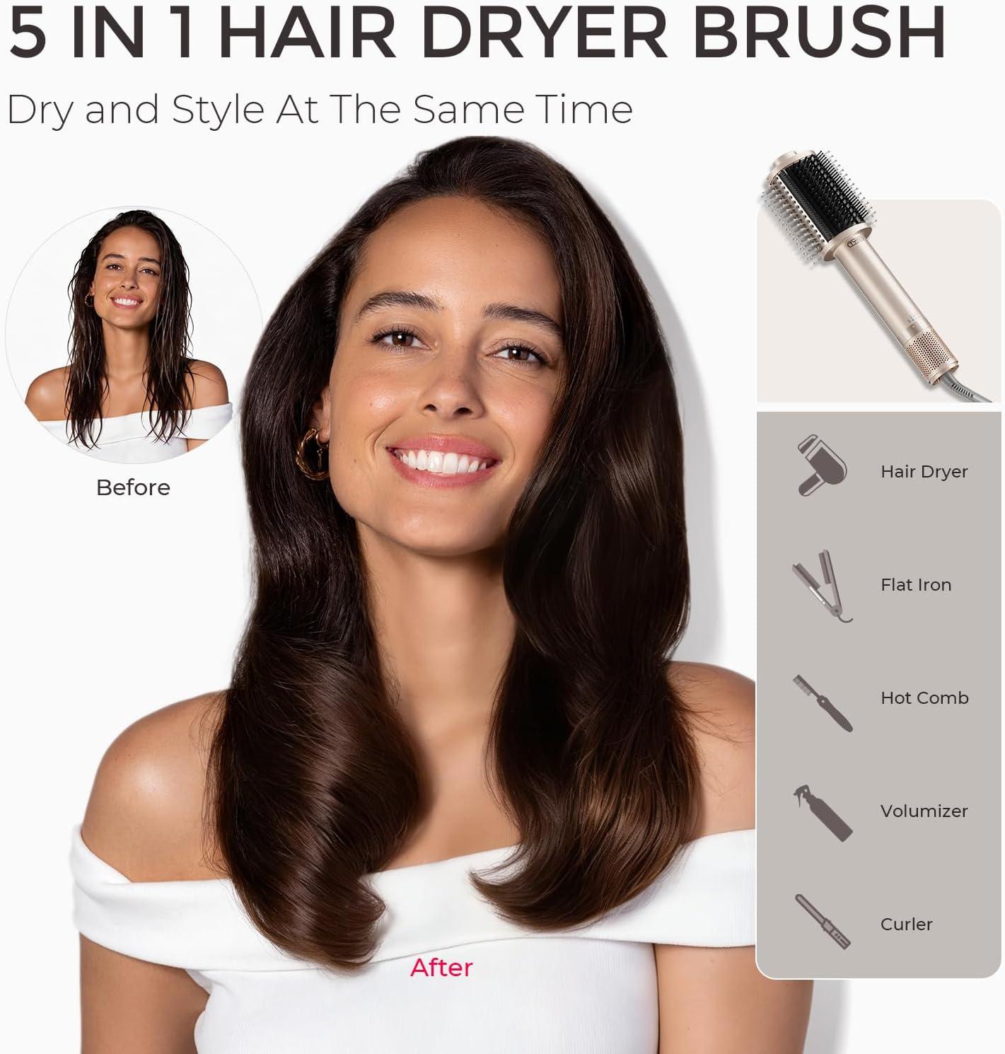 image:imageTYMO 40 Hair Blow Dryer Brush Lightweight 3X Faster Drying 5in1 Ionic Blowout Hair Dryer Brush Adds Shine Volume amp Fullness for Smooth AntiFrizz Straight Curl amp Blowout Styles GoldGold