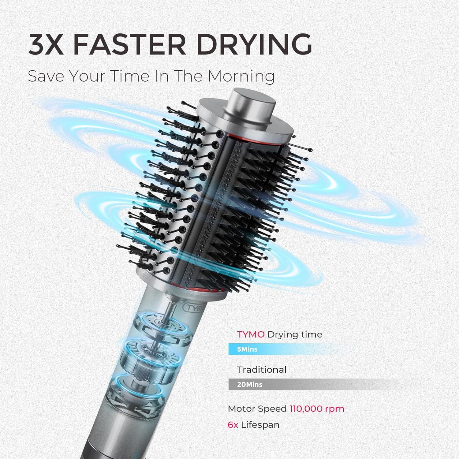 image:imageTYMO 40 Hair Blow Dryer Brush Lightweight 3X Faster Drying 5in1 Ionic Blowout Hair Dryer Brush Adds Shine Volume amp Fullness for Smooth AntiFrizz Straight Curl amp Blowout Styles GoldMetal Grey
